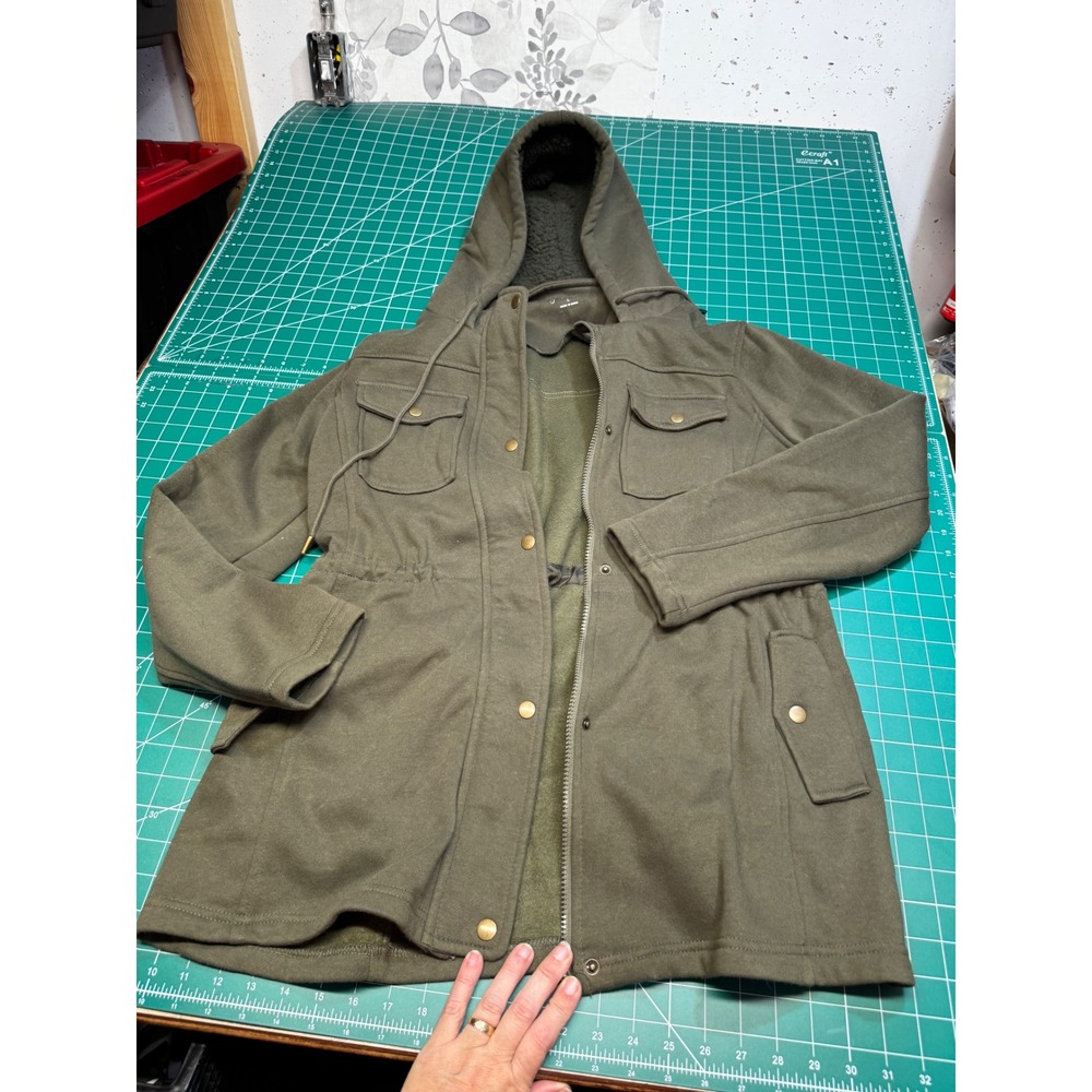 Grace & Lace Olive Green Sherpa Lined Hooded Utility Jacket Women Large